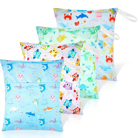 Frienda 4 Pieces Cloth Diaper Wet Dry Bag, Waterproof Reusable Washable Bag for Baby Items and Travel Zippered Pockets with Handle, Beach, Swimsuit, Dirty Gym Clothes and Toiletries(Animal)