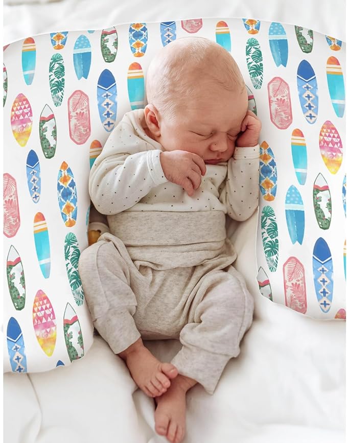 Colorful Surfboards Nursing Pillow Covers for Boy Girl Summer Surfing Nursery Feeding Pillowcase for Breastfeeding Pillows Boho Beach Vacation Travel Soft Stretchy Removable Covers for Newborn Infant