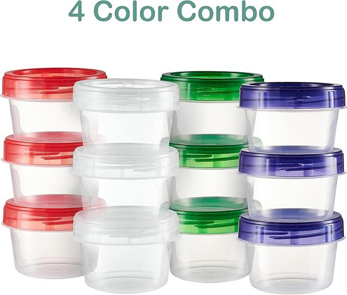 Elegant Disposables Baby Food Storage Containers 24 Pack, 4 ounce Colored Twist on Lids, Plastic, 1/2 Cup Small Freezer Storage Container