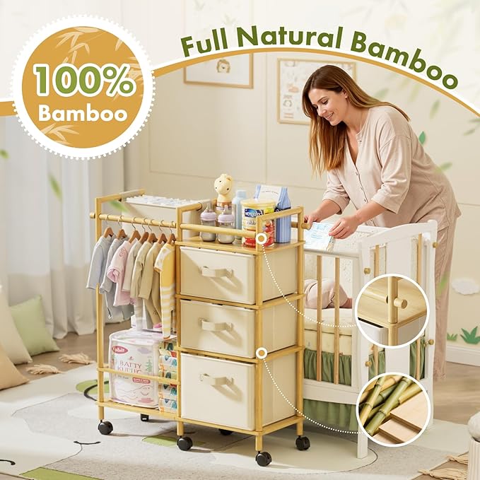Solid Bamboo Baby Diaper Caddy Cart, Diaper Cart Organizer with Wheels, Mobile Multi-Functional Small Baby Care Station, Store All baby Supplies，for Nursery, Changing Table and Crib