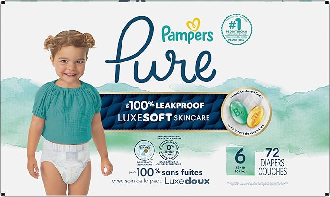Pampers Baby Diapers - Pure Protection - Size 6, 72 Count, for up to 100% Leakproof, Premium Plant-based Skin Protection