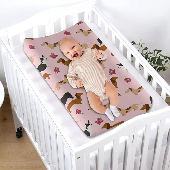 GOSTONG Diaper Changing Pad Cover Dachshund Dog Rose Flower Softness Washable Elastic Baby Nursery Diaper Changing Pad Protectors Fits 32 x 16 Inch Diaper Table
