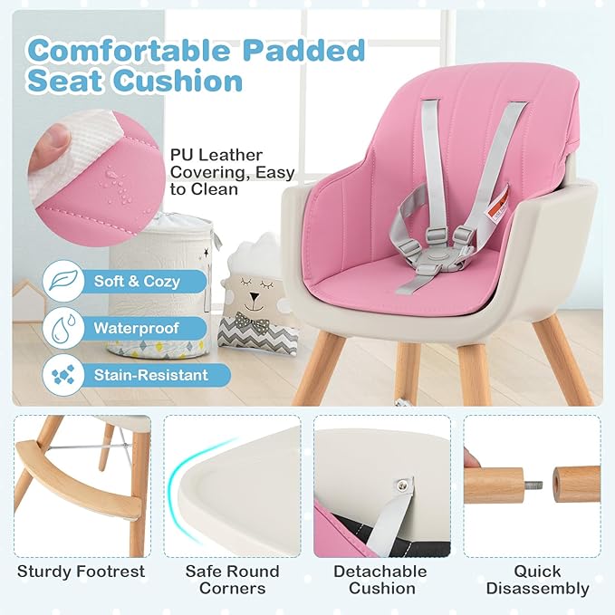 HONEY JOY Baby High Chair, 6-in-1 Eat & Grow Wooden Highchair/Toddler Chair with Removable Tray, 5-Point Harness, PU Cushion and Footrest, Convertible High Chair for Babies and Toddlers(Pink)