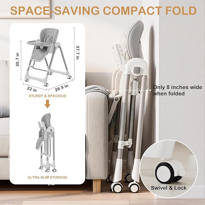 3-in-1 High Chairs for Babies and Toddlers, Foldable Baby High Chair with Rocking Mode, 5 Height Levels, Adjustable Backrest & Footrest, Lockable Wheels (Grey)