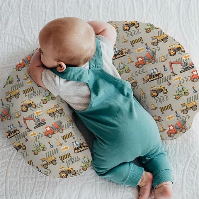 Construction Truck Vehicle Baby Nursing Pillow Covers for Boy Girl Excavator Tractor Digger Dump Truck Nursery Feeding Pillowcase for Breastfeeding Pillows Soft Stretchy Slipcovers for Newborn Infant