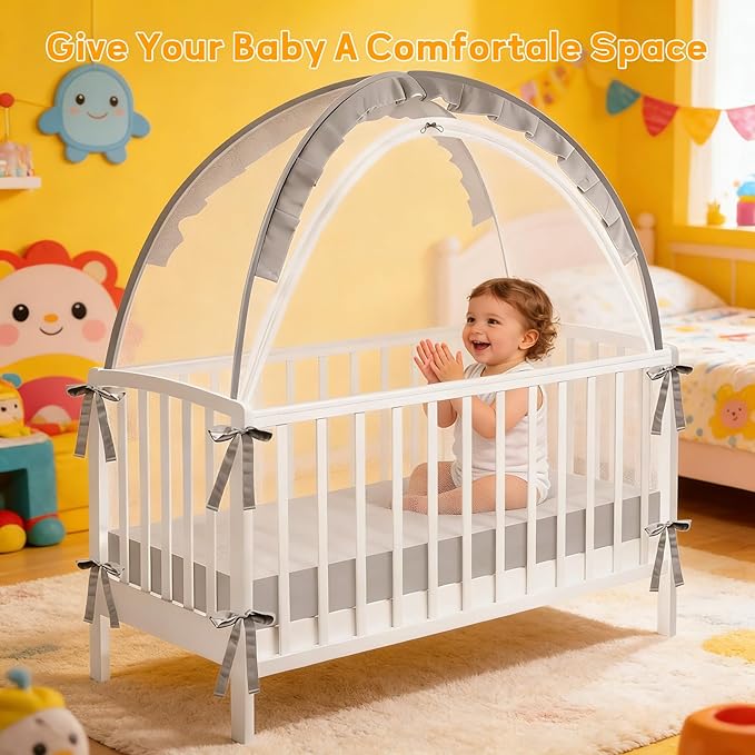 Crib Tent to Keep Baby in - Stop Climbing Out with Double Zipper & Strong Rods, Breathable Mesh Pop-Up Canopy for Easy Installation, Fits Standard Cribs