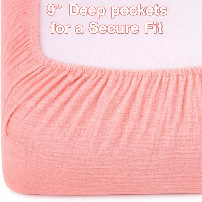 2 Pack Blush Muslin Crib Sheets for Boys & Girl- Neutral Breathable Cotton Crib Mattress Sheets Fitted for Standard 28"x 52"- Nursery Décor No Slip Crib Bed Sheets