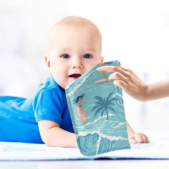 vvfelixl Baby Muslin Washcloths Summer Girl Surfing Baby Burp Cloths Cotton Babys Face Towel for Newborn Infants Boys Girls Soft and Absorbent 11.8 X 11.8 in, 3 Pack