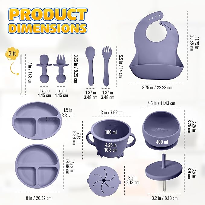 HippoBaby Baby Led Weaning Supplies | 10 Piece Silicone Feeding Set | Baby Toddler Bib Cup Divided Plate and Bowl Self Feeding Spoons Dish Set | Baby Utensils | Toddler Feeding Supplies (Lavender)