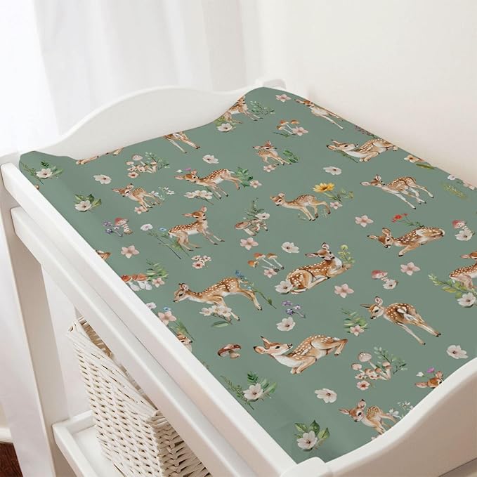 Spring Animal Changing Pad Cover Deer Mushroom Flowers Leaves Forest Baby Nursery Diaper Changing Pad Sheets for Boy Girl Soft Breathable Stretch Fitted Changing Table Sheets Mats 32''x16''