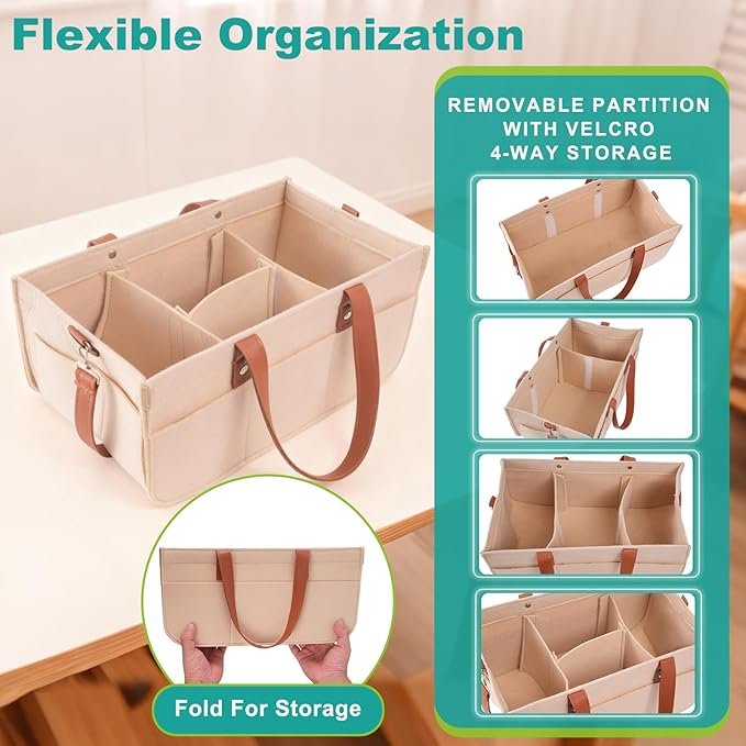 lefeke Diaper Caddy Bag,Car Organizer and Storage,Caddy Organizers with Handles and Straps, Baby Bottle Organizer for Nursery,Portable Baby Diaper Caddy (Oatmeal)