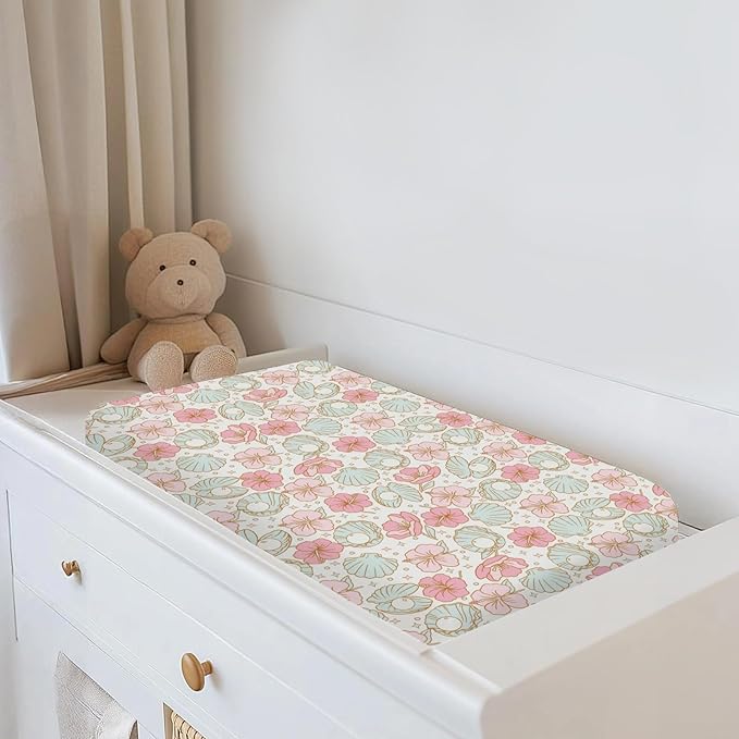 Boho Summer Mermaids Floral Changing Pad Covers for Baby Girls Boys Beach Seashells Conch Tropical Flowers Fitted Change Table Pad Covers Mats Ocean Marine Soft Diaper Changing Pad Sheets 32''×16''