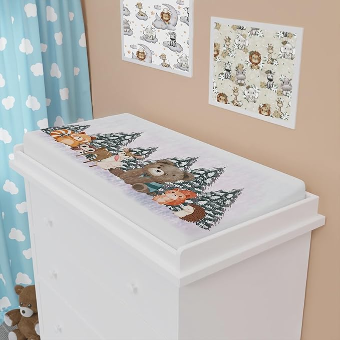 Cute Animals Pine Trees Baby Changing Pad Covers Bear Raccoon Squirrel Deer Rabbit Hedgehog Owl Unisex Diaper Change Table Sheets for Boys Girls Soft Stretch Changing Mat Sheets 32''x16''