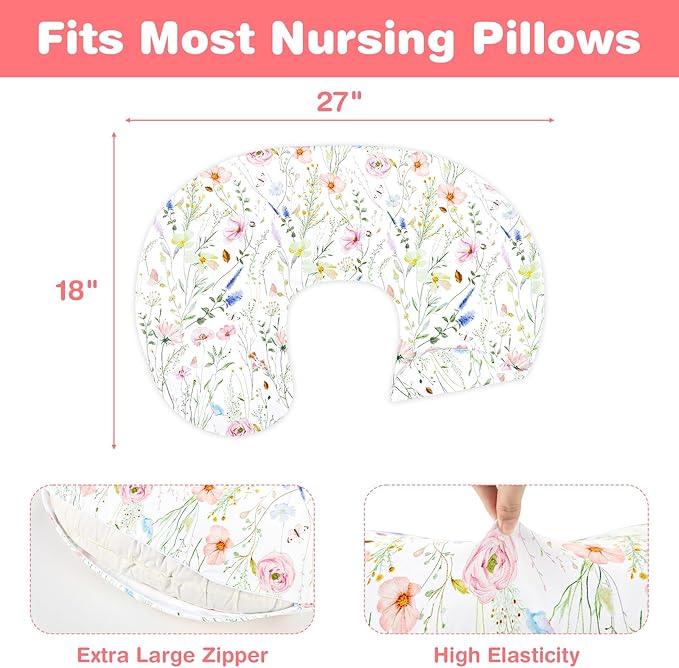 Nursing Pillow Cover, Breastfeeding Pillow Cover Case for Baby Girls Boys, Soft & Breathable, Colorful Flowers (Only Cover)