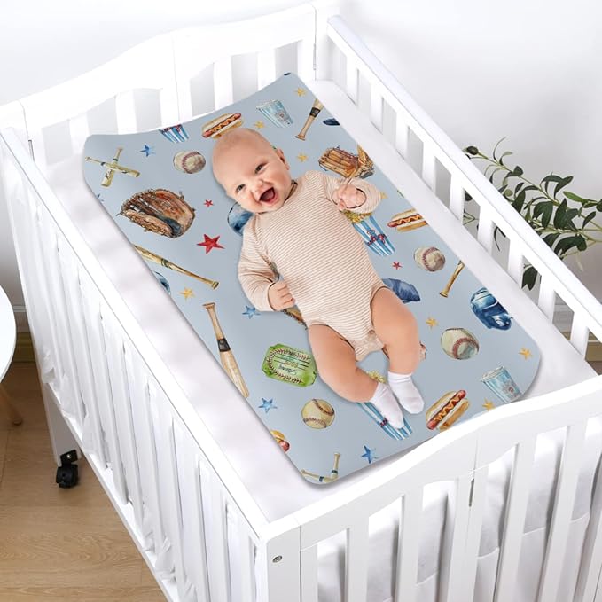 Watercolor Baseball Baby Changing Pad Covers Patriotic American Sports Diaper Changing Table Cover Sheets for Boy Girl Outdoor Sports Lovers Soft Stretchy Diaper Changing Table Sheets Mats 32''x16''