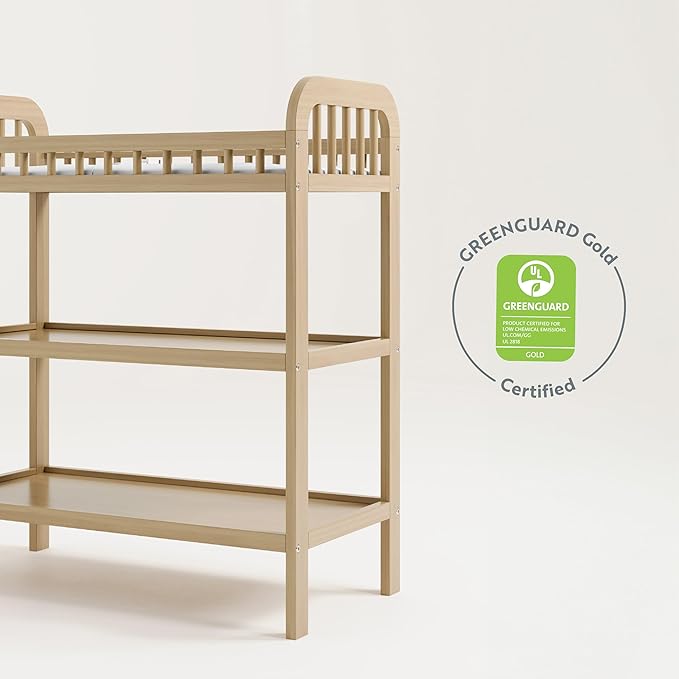 Storkcraft Pasadena Changing Table with Water-Resistant Changing Pad (Driftwood) - GREENGUARD Gold Certified, Includes Bonus Water-Resistant Changing Pad with Safety Strap, 2 Open Shelves