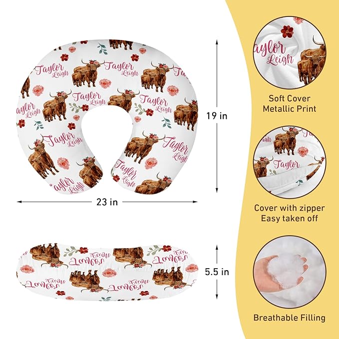 Baby Nursing Pillow Cover - Personalized Name Breastfeeding Pillow Cover with Highlands Cattle Pattern, Stretchy Removable U-Shaped for New Moms, Soft Breathable Slipcover for Infant Boys Girls