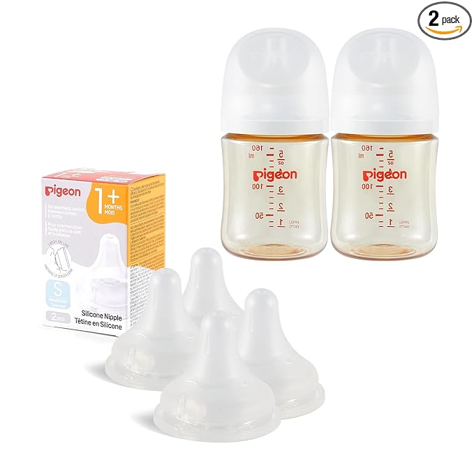 Pigeon PPSU Baby Bottle(5.4 Oz, Pack of 2) with 4 Latch-On Line Silicone Nipples, Newborn Feeding Set(0~3M)