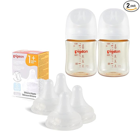 Pigeon PPSU Baby Bottle(5.4 Oz, Pack of 2) with 4 Latch-On Line Silicone Nipples, Newborn Feeding Set(0~3M)