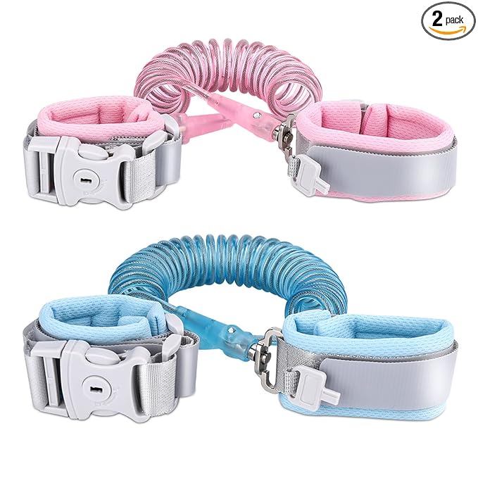 Socub Anti Lost Wrist Link with Key Lock for Kids, 6.56ft, 2 Pack, Pink and Blue