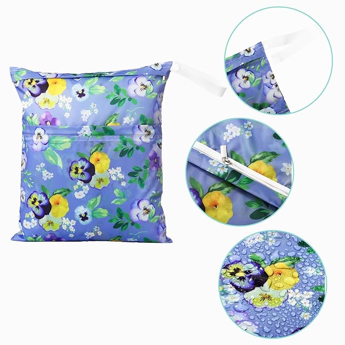 Frienda 4 Pieces Cloth Diaper Wet Dry Bag, Waterproof Reusable Washable Bag for Baby Items and Travel Zippered Pockets with Handle, Beach, Swimsuit, Dirty Gym Clothes and Toiletries(Plant)