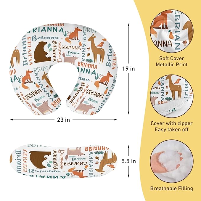 Baby Nursing Pillow Cover - Personalized Name Breastfeeding Pillow Cover with Bears Pattern, Stretchy Removable U-Shaped for New Moms, Soft Breathable Slipcover for Infant Boys Girls