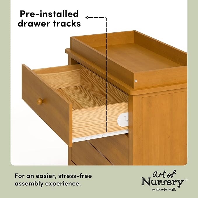 Storkcraft Rio 3 Drawer Chest with Changing Topper (Almond) – GREENGUARD Gold Certified, Premium Wood Dresser for Baby & Kids Bedroom, Safety Interlocking Drawers, Pre-Installed Tracks, Kids Chest