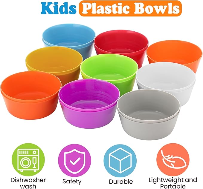 Foaincore Kids Plastic Bowls 10 oz Cereal Snack Microwave Dishwasher Safe Toddler Bowls Kids Colorful Snack Children Salad Dessert Soup Supplies (Multicolor,24 Pcs)
