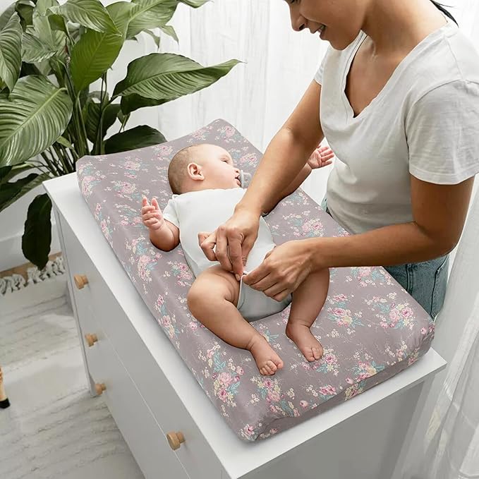 Owlowla Changing Pad Cover,Ultra Soft Cotton Changing Table Covers,Breathable&Durable Nursery Diaper Changing Pad Sheets for Baby Boys Girls(Cream&Mauve Floral)