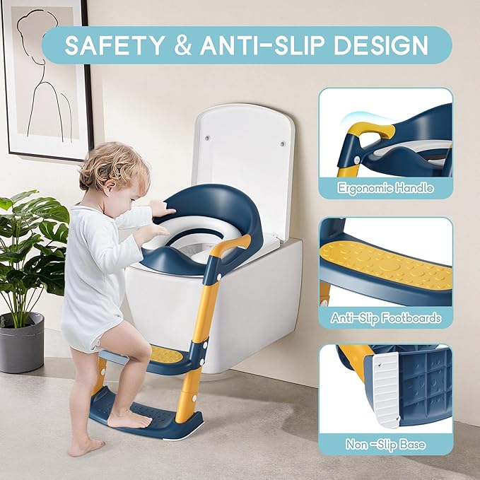 COOSEYA Potty Training Toilet with Step Stool Ladder, Toddler Kids Potty Training Seat for Boys Girls, Foldable Anti-Slip Toilet Toddler Seat Splash Guard Soft Cushion Safety Handles (Blue Yellow)