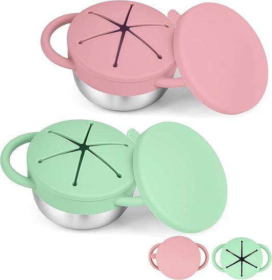 2-Pack Stainless Steel Snack Cup for Toddlers Spill-Proof, Baby Food Containers with Removable Silicone Lids & Handles | Dishwasher Safe, BPA-Free On-the-Go Kids Snack Containers Box