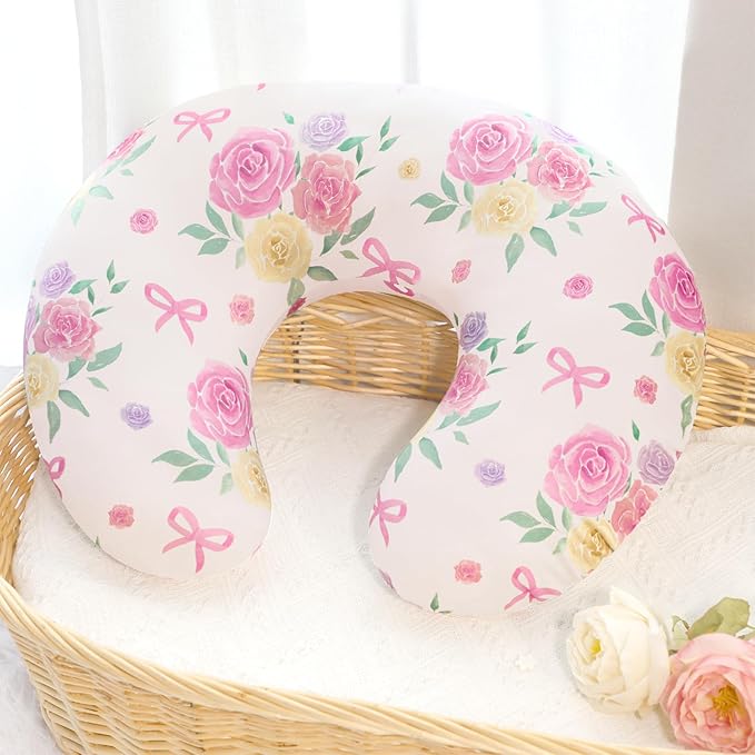 Nursing Pillow Cover, Floral Breastfeeding Pillow Cover for Baby Girls Boys, Soft Stretchy Nursing Pillowcase for Infant Newborn, Removable Slipcover for Nursing Pillows, Pink Rose(Only Cover)