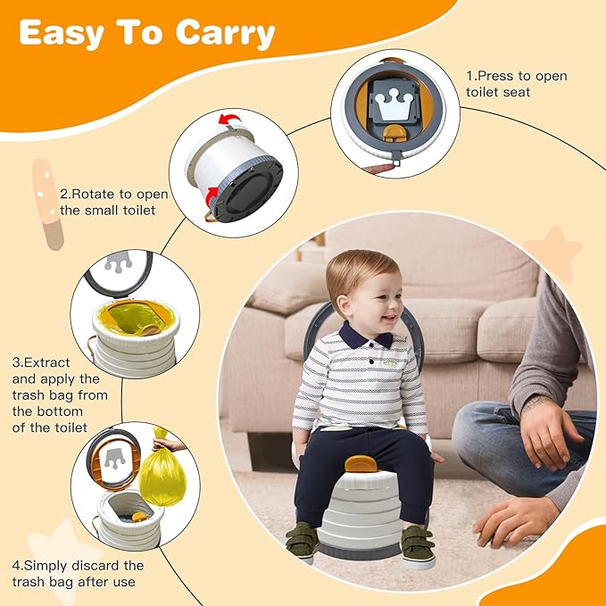 Portable Potty Chair for Toddlers with Splash-Proof Design, Foldable Travel Potty with Bag & 30 Refills - Kids Toilet for Car, Camping, Indoor - Easy Clean Baby Potty Training Seat (Transparent-Gray)