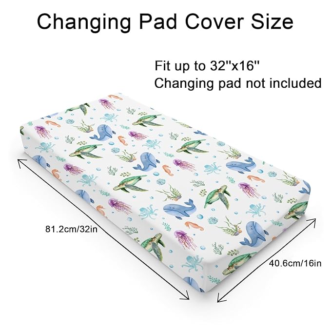Colorful Sea Animals Changing Pad Cover Ocean Turtle Whale Jellyfish Sea Horse Weeds Sealife Diaper Change Table Pad Cover for Boys Girls Soft Stretch Fitted Changing Mat Sheets Cover 32''x16''