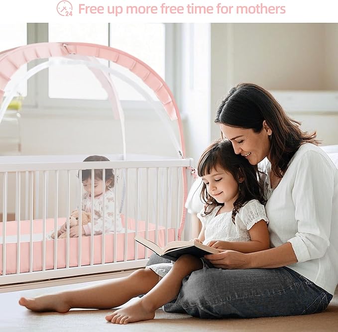 Lazyzzzz Crib Tent - Pop Up Crib Canopy with Double Zipper Self-Locked, Mosquito Net Mesh Crib Net to Keep Baby from Climbing Out, Portable Easy Install 55" L x 27" W x 51" H Pink