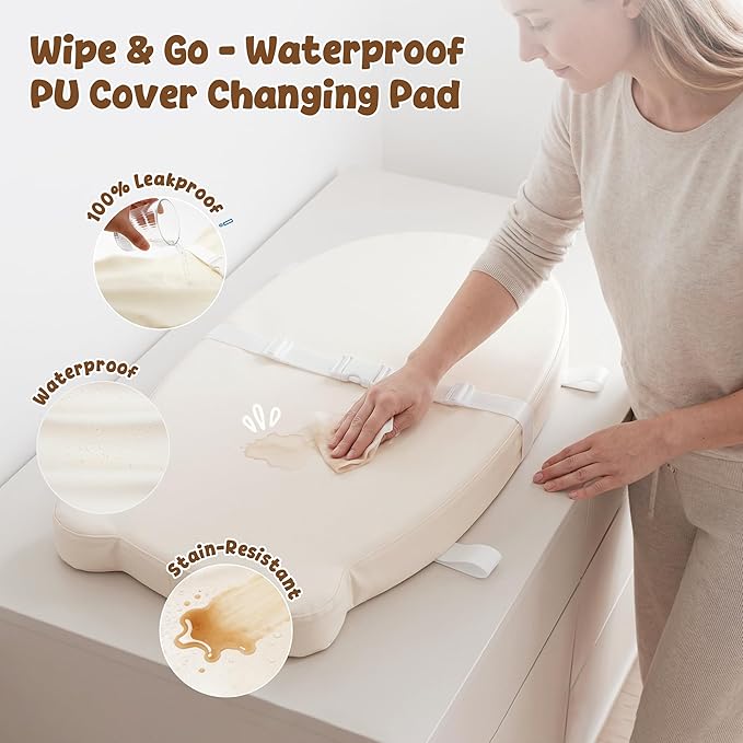 Baby Diaper Changing Pad with Wipeable & Waterproof PU Cover, Contoured Baby Changing Pad for Dresser, Non-Slip Changing Table Pad with Adjustable Strap, Cushioned Contoured Foam