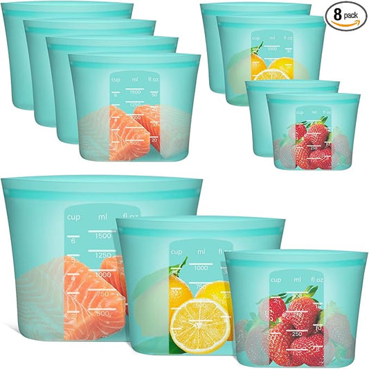 Reusable Food Bags, 8 Pack 100% Silicone Food Storage Bags Stand Up Zip Lock Container, Freezer Microwave Oven Dishwasher Safe, 4 Medium 2 Small 2 Extra Small, Aqua