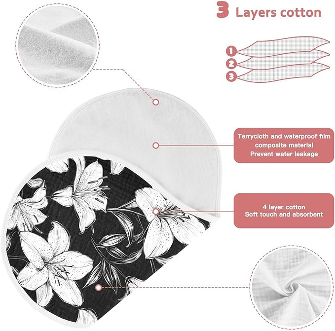 vvfelixl Muslin Burp Cloths Black White Lily Baby Washcloths for Baby Girl Boys 2 Pack