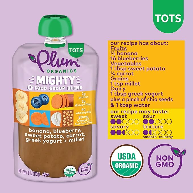 Plum Organics +12 Months Organic Baby Food - Banana, Blueberry, Sweet Potato, Carrot, Yogurt & Millet - Non-GMO - On-The-Go Pouches for Baby & Toddler - Quality Tested Ingredients - 4 oz (Pack Of 12)