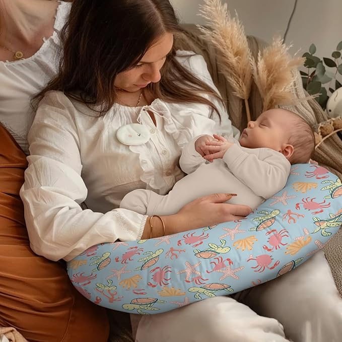 Cartoon Ocean Animal Crab Sea Turtle Starfish Pattern Nursing Pillow Cover, Unisex Removable Breastfeeding Pillowcase Slipcover for Baby Girls Boys Newborns Toddlers, Cover Only