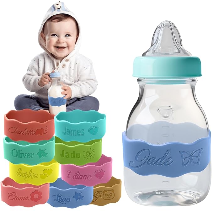 Personalized Water Bottle Name Bands Custom Engraved Silicone Labels Customized Silicone Baby Bottle Labels for Daycare Reusable Baby Bottle Straps for Kids Cups School Waterproof-Blue