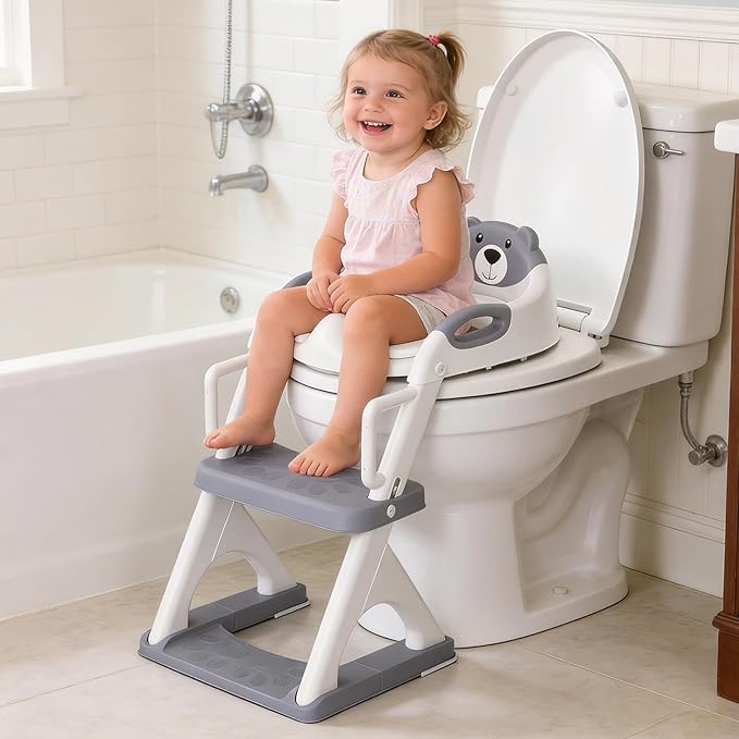 Potty Training Seat with Step Stool Ladder, Toddler Toilet Seat for Boys Girls, Adjustable 6 Heights Fits Round & Elongated Toilets, Anti-Slip Pads & Leak-Proof Guard