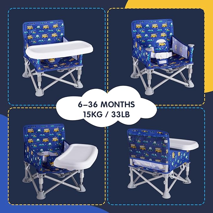 Portable Baby Chair, Folding Booster Seat with Tray for Dining Table Compact Camping Chair for Lawn Beach Travel Babies 6-36 Months