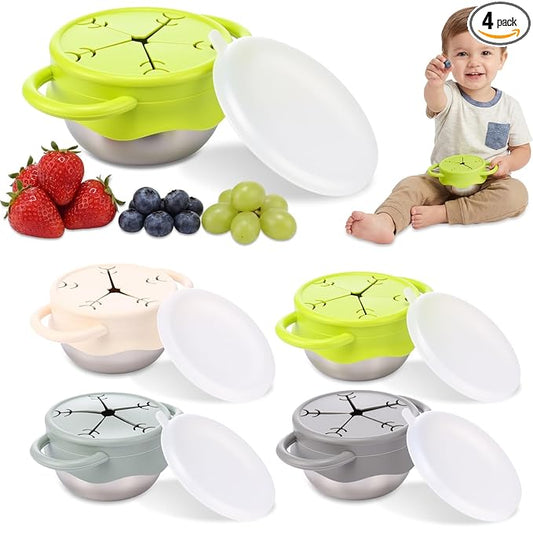 4 Pcs 13 oz Stainless Steel Snack Cups Spill Proof, 3 in 1 Baby Snack Containers Removable Silicone Food Catcher Travel Lid Food Catcher for Baby Toddler Kids, Dishwasher Safe (Morandi Color)