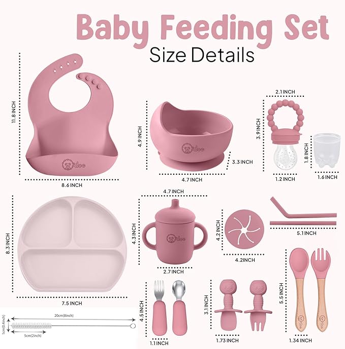 O'doe 17-Piece BPA-Free Silicone Baby Feeding Set | Thick & Soft Suction Plates, Baby Bowls, Wooden Fork & Spoon, and More | Make Mealtime Fun and Easy for Your Little One | Pink, V2
