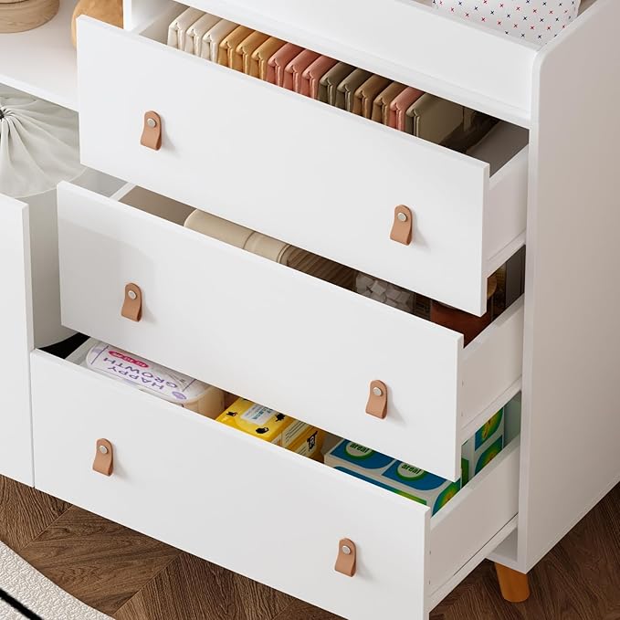 Baby Dresser with Changing Table Top, 4 Drawers Nursery Dresser with Removable Guard, Infant Diaper Changing Station Baby Cloth Organizer for Nursery and Kids Bedroom, White - 44.9" W