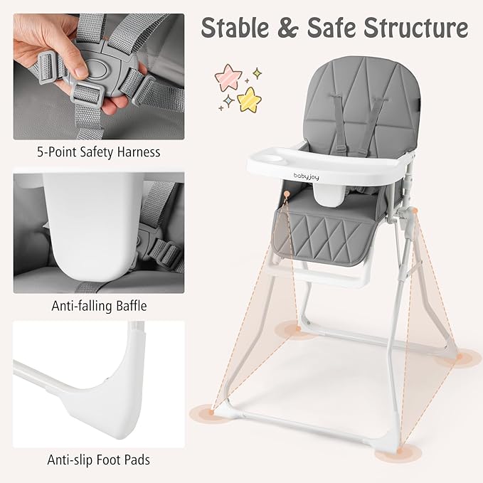 BABY JOY Foldable High Chair, Portable Highchairs for Babies and Toddlers with 3-Position Adjustable Tray & Footrest, Removable Seat Cushion, 5-Point Safety Harness, Space Saving Design (Gray)