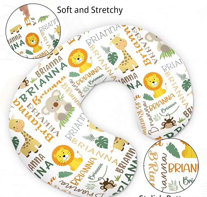 Baby Nursing Pillow Cover - Personalized Name Breastfeeding Pillow Cover with Elephants Pattern, Stretchy Removable U-Shaped for New Moms, Soft Breathable Slipcover for Infant Boys Girls