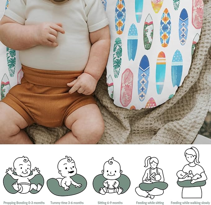 Colorful Surfboards Nursing Pillow Covers for Boy Girl Summer Surfing Nursery Feeding Pillowcase for Breastfeeding Pillows Boho Beach Vacation Travel Soft Stretchy Removable Covers for Newborn Infant