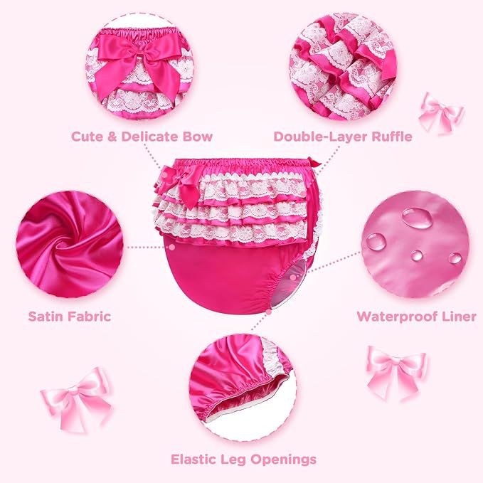 Littleforbig Washable Ruffled Lace Bow Pretty in Rose Satin Over Diaper Cover M